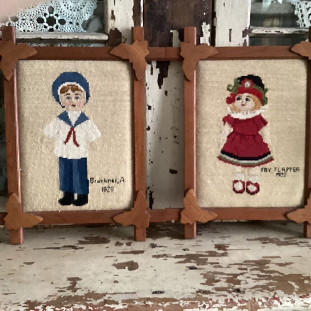 Vintage Needlepoint Sailor Boy Brockner and Girl Fay Flapper Custom Oak Frames